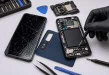 Samsung con problemi hardware: come valutare il costo di riparazione del tuo cellulare Samsung riparazione di smartphone samsung con schermo rotto e componenti interni visibili su banco tecnico