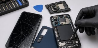 Samsung con problemi hardware: come valutare il costo di riparazione del tuo cellulare Samsung riparazione di smartphone samsung con schermo rotto e componenti interni visibili su banco tecnico