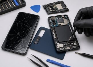 Samsung con problemi hardware: come valutare il costo di riparazione del tuo cellulare Samsung riparazione di smartphone samsung con schermo rotto e componenti interni visibili su banco tecnico