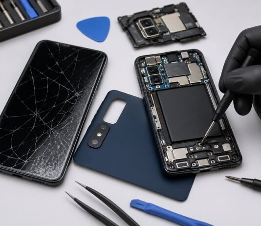 Samsung con problemi hardware: come valutare il costo di riparazione del tuo cellulare Samsung riparazione di smartphone samsung con schermo rotto e componenti interni visibili su banco tecnico