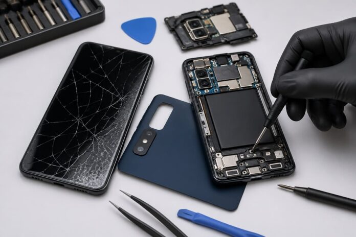 riparazione di smartphone samsung con schermo rotto e componenti interni visibili su banco tecnico